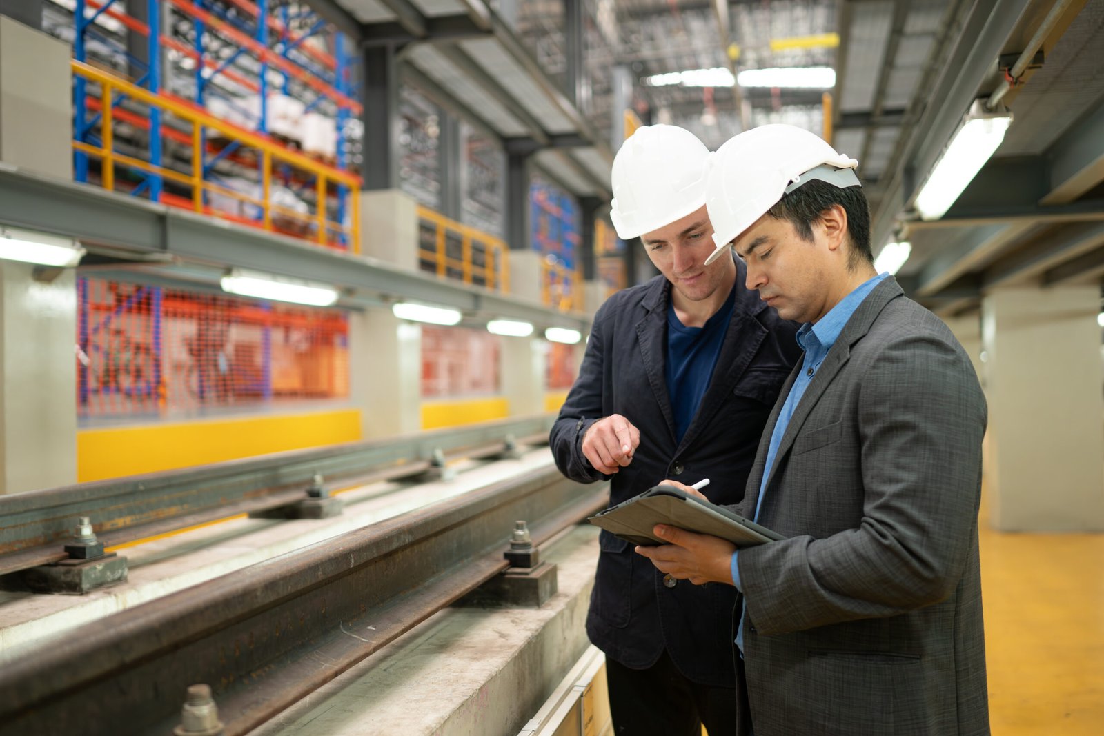 Two businessmen inspect rail work to reserve equipment for use i